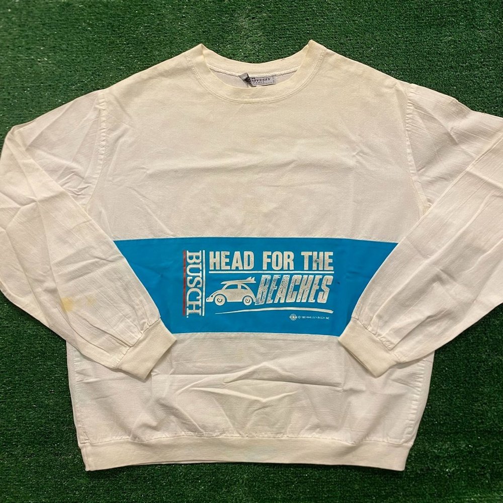 Vintage 80s Busch Head for the Beaches Crewneck Sweatshirt Surfer Beer Promo